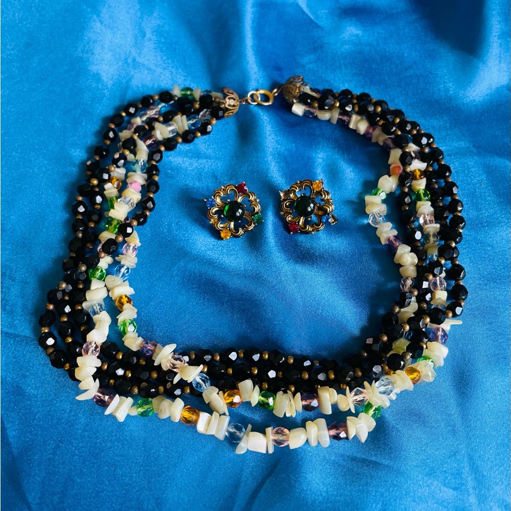 Vintage Hand beaded Whimsical Choker Necklace Vintage Rhinestone Clip Earrings